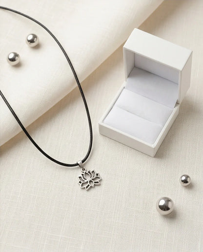 The Zen Bloom: Geometric Matte Silver Lotus Pendant Necklace