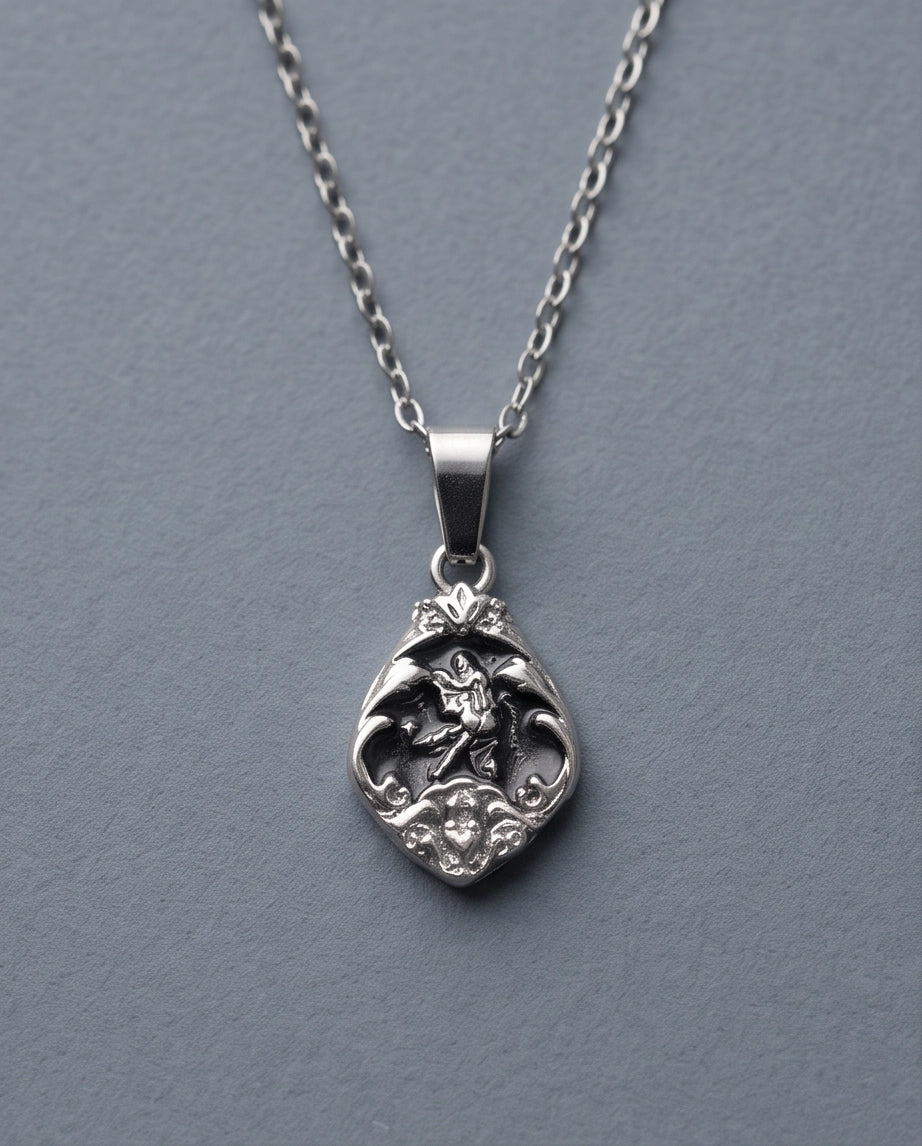 Silver Vintage Cherub Black Enamel Teardrop Pendant Necklace