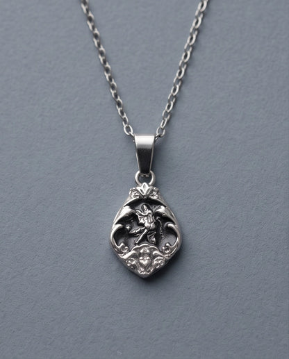 Silver Vintage Cherub Black Enamel Teardrop Pendant Necklace