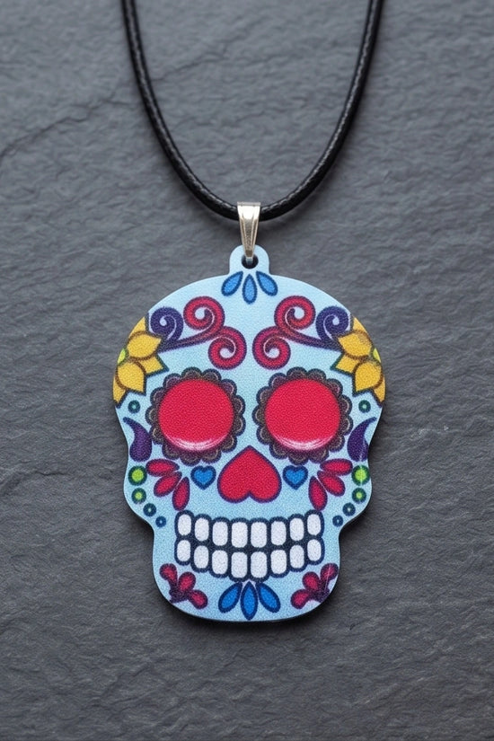 Vibrant Light Blue Sugar Skull Día de los Muertos Pendant Necklace