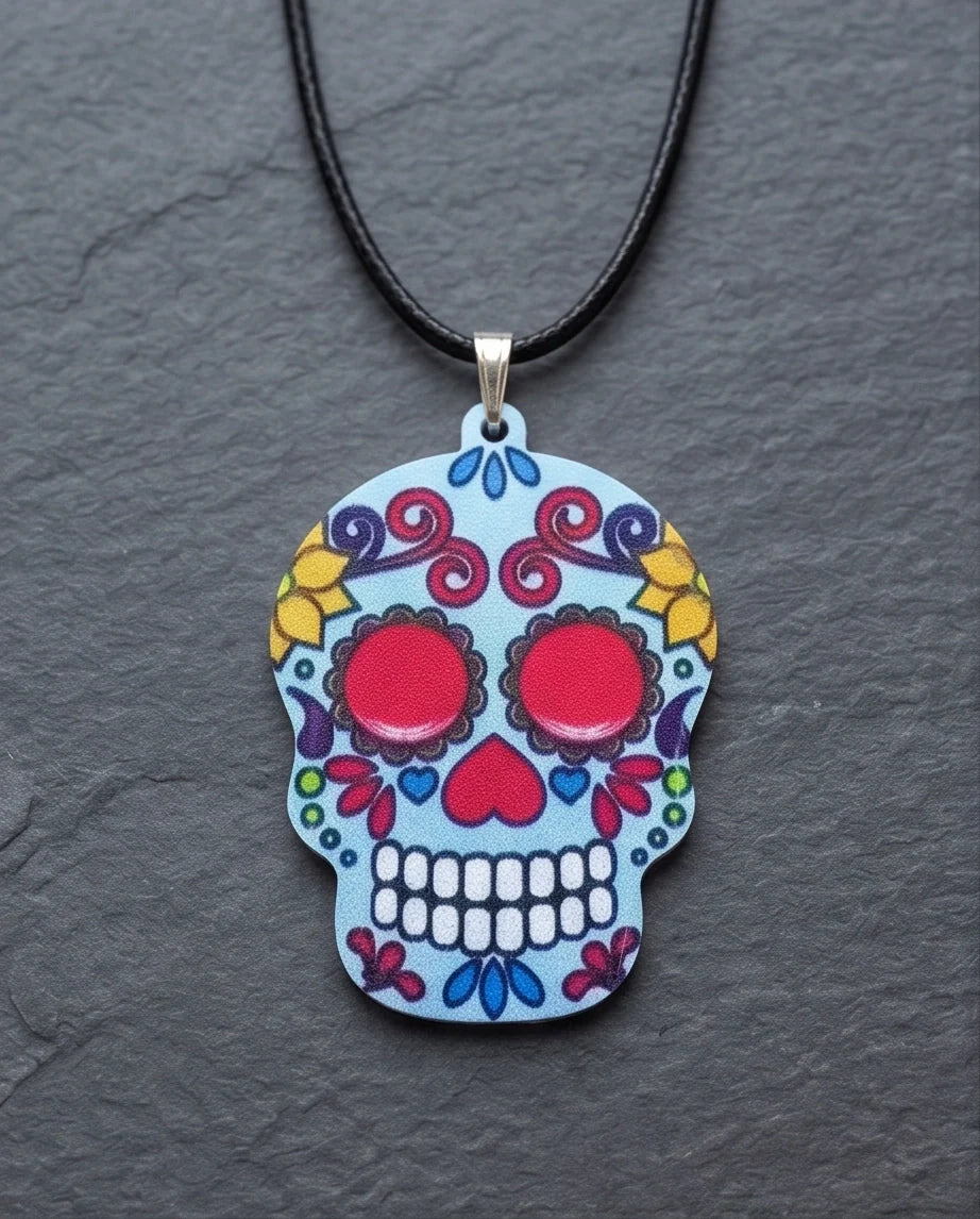 Vibrant Light Blue Sugar Skull Día de los Muertos Pendant Necklace