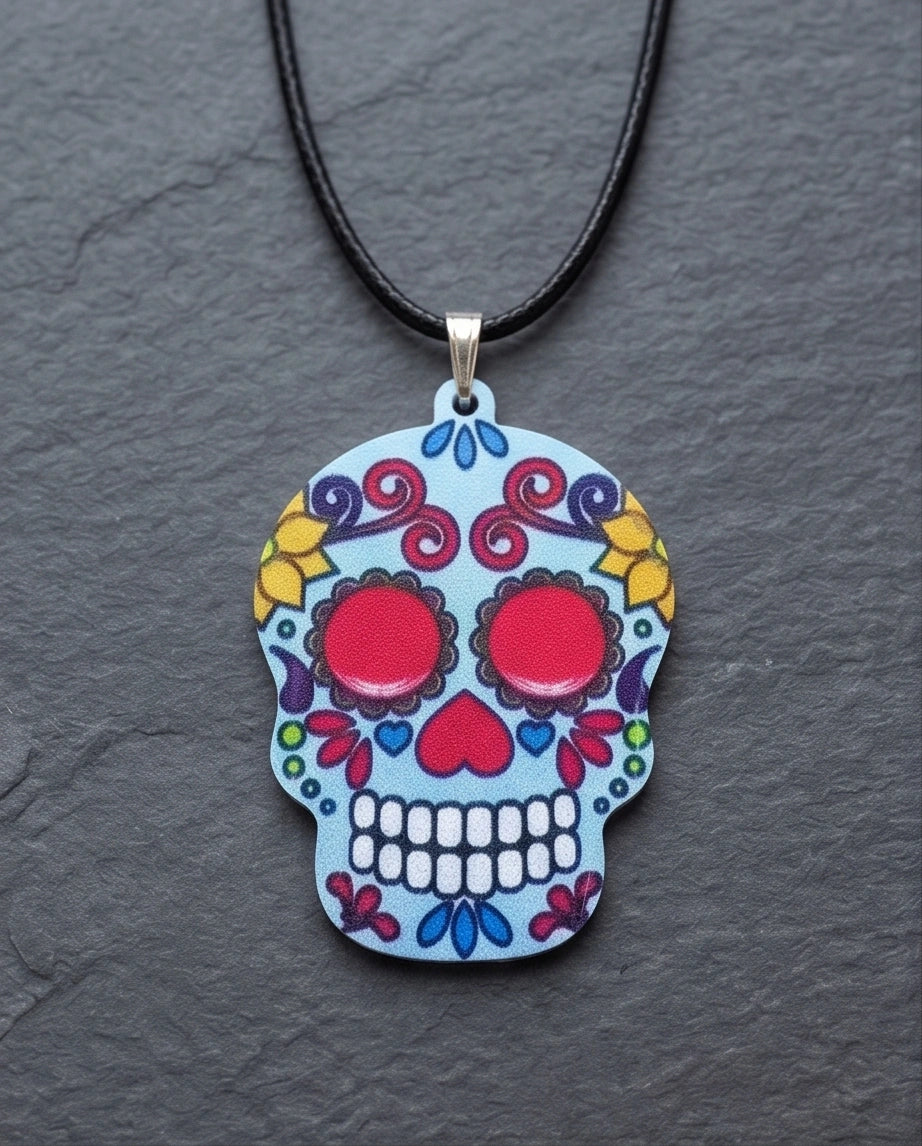 Vibrant Light Blue Sugar Skull Día de los Muertos Pendant Necklace