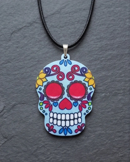 Vibrant Light Blue Sugar Skull Día de los Muertos Pendant Necklace