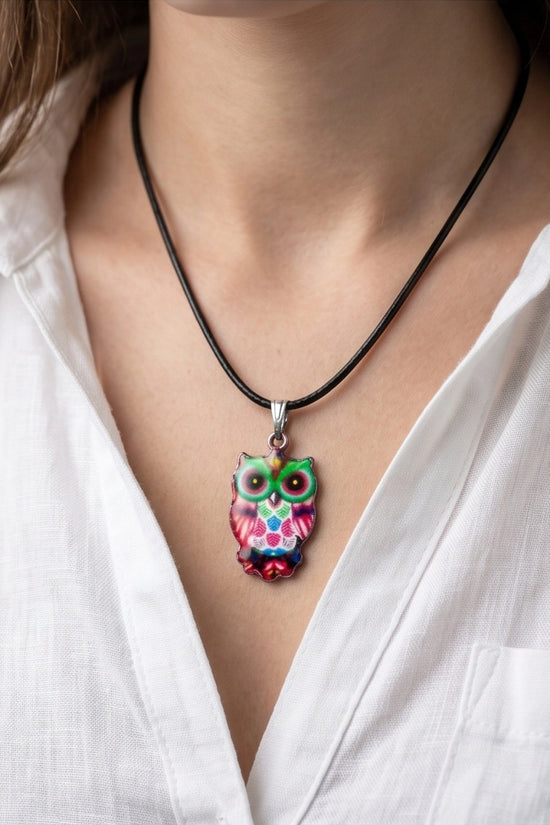 Vibrant Kaleidoscope Owl Totem Pendant Necklace