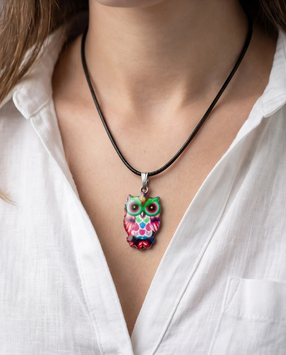 Vibrant Kaleidoscope Owl Totem Pendant Necklace