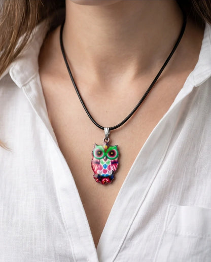 Vibrant Kaleidoscope Owl Totem Pendant Necklace