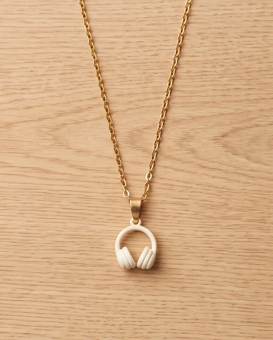 Cream White Headphones Enamel Pendant Necklace