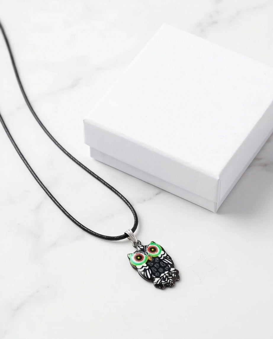 Mystic Green-Eyed Tribal Owl Pendant Necklace