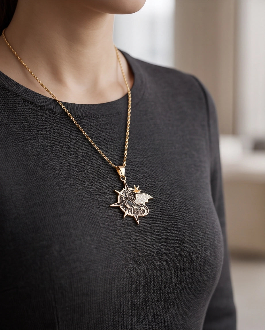 Gold Celestial Compass Dragon Black & White Enamel Pendant Necklace