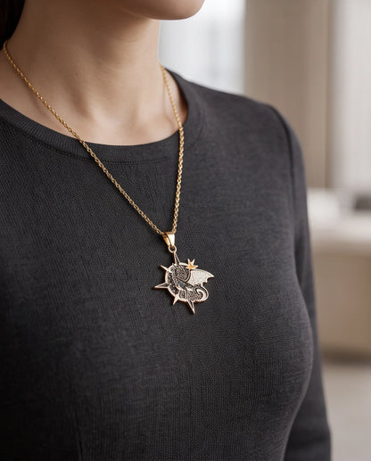 Gold Celestial Compass Dragon Black & White Enamel Pendant Necklace