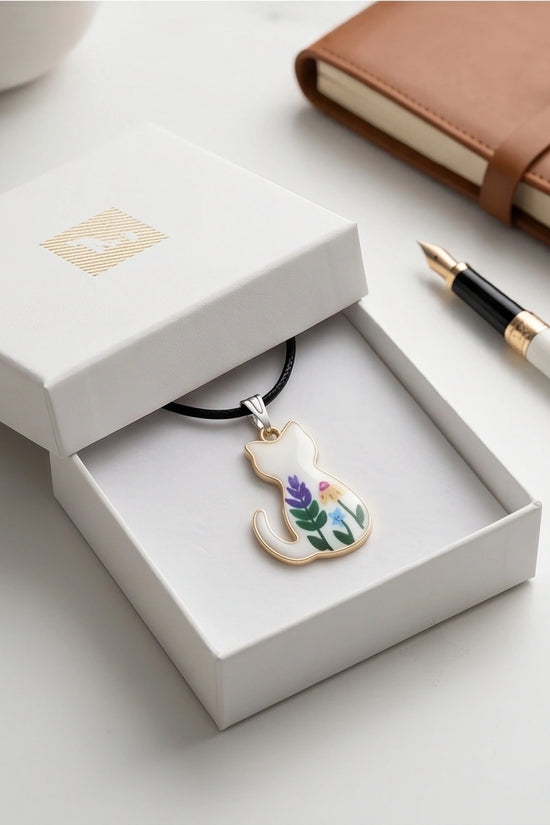 Artistic Floral Botanical Feline Silhouette Pendant Necklace
