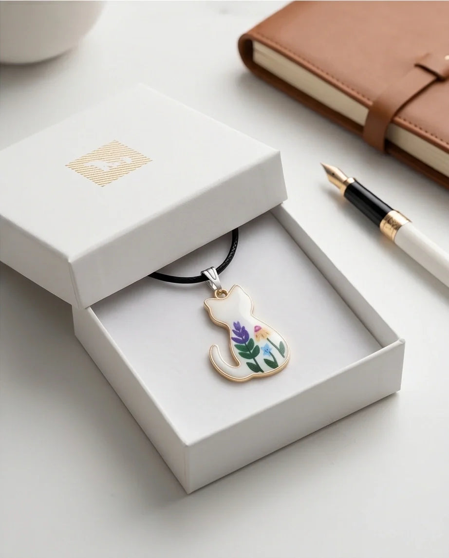 Artistic Floral Botanical Feline Silhouette Pendant Necklace