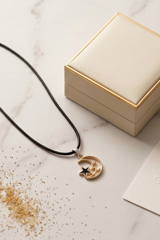 Gold Crescent Moon and Black Star Necklace
