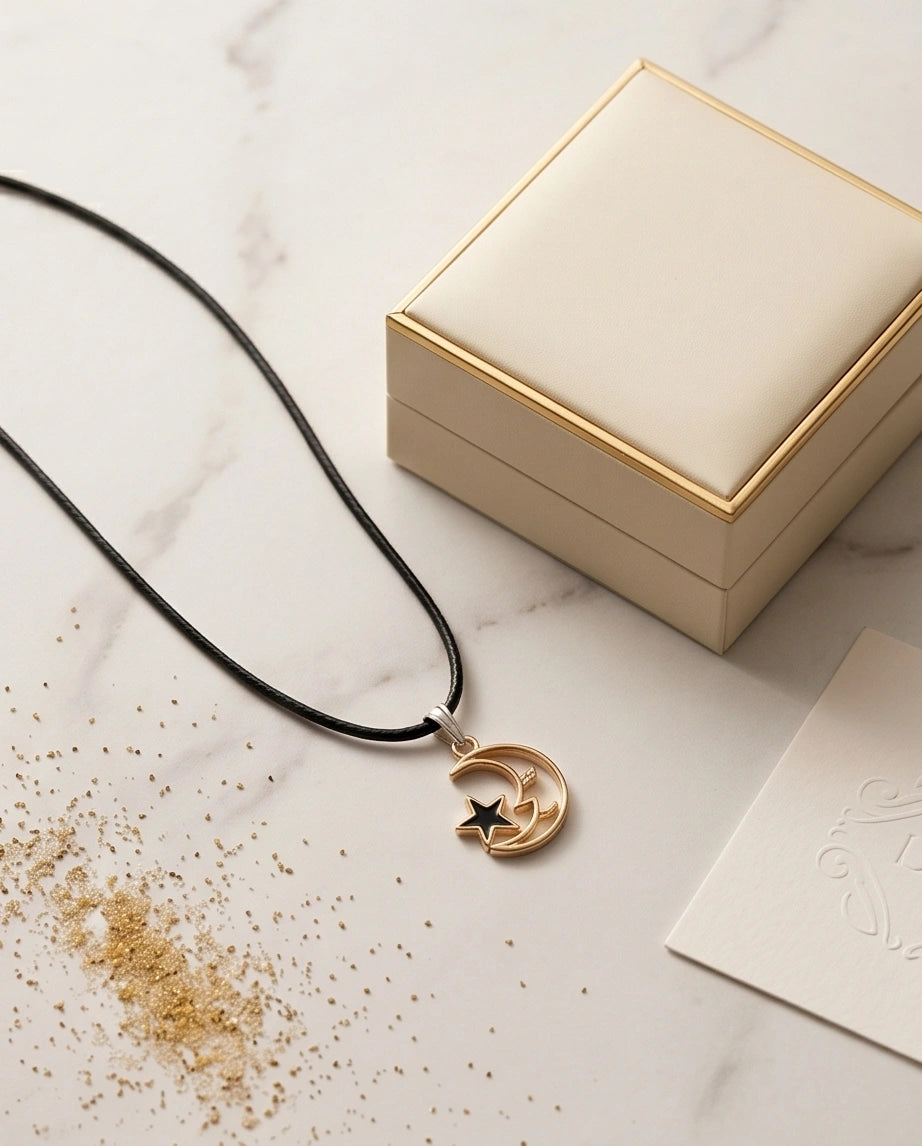 Gold Crescent Moon and Black Star Necklace