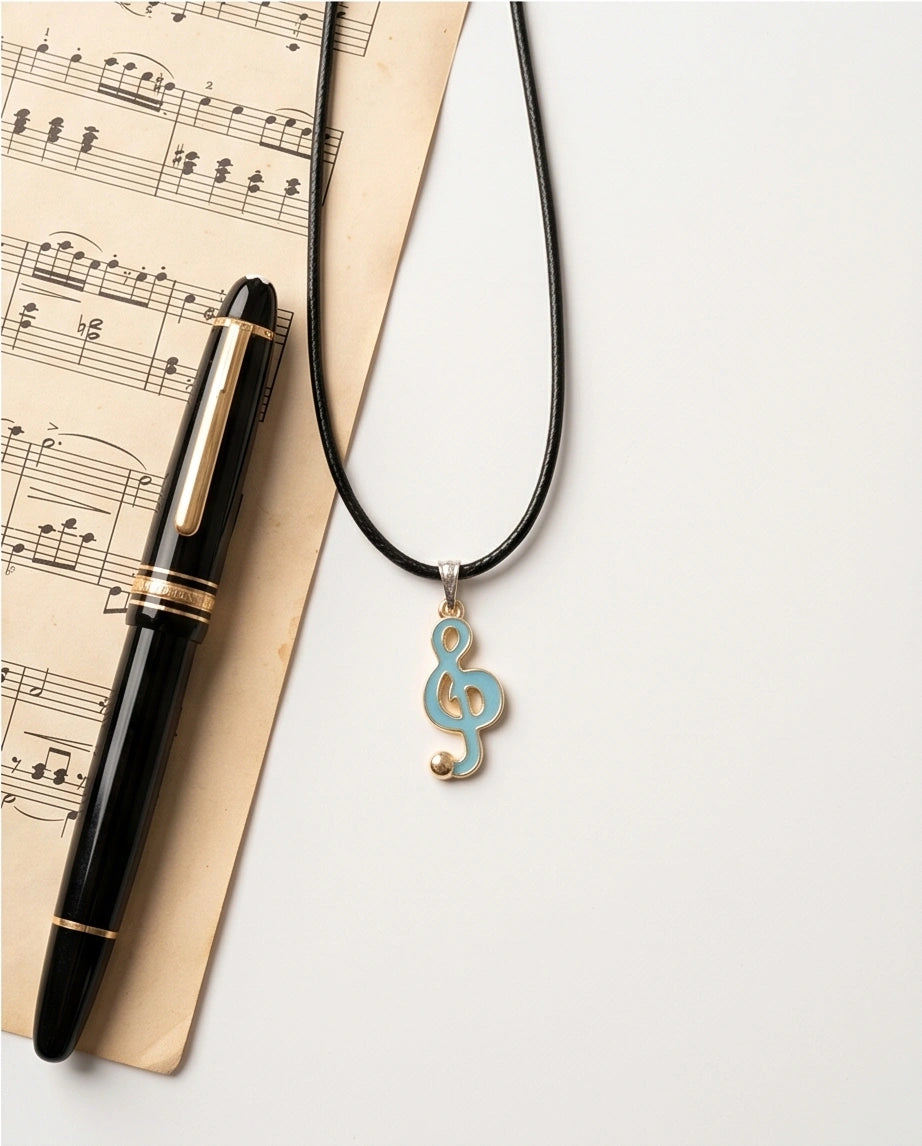 Gold and Light Blue Treble Clef Necklace