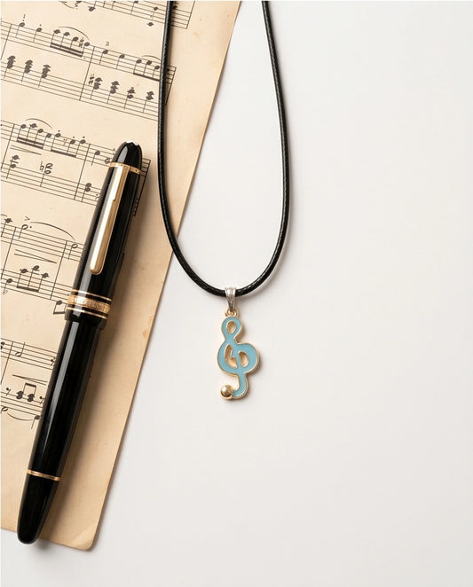 Gold and Light Blue Treble Clef Necklace