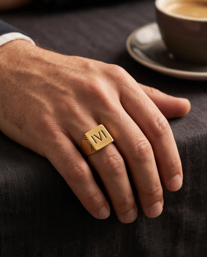 Roman Numeral Engraved Gold Signet Ring