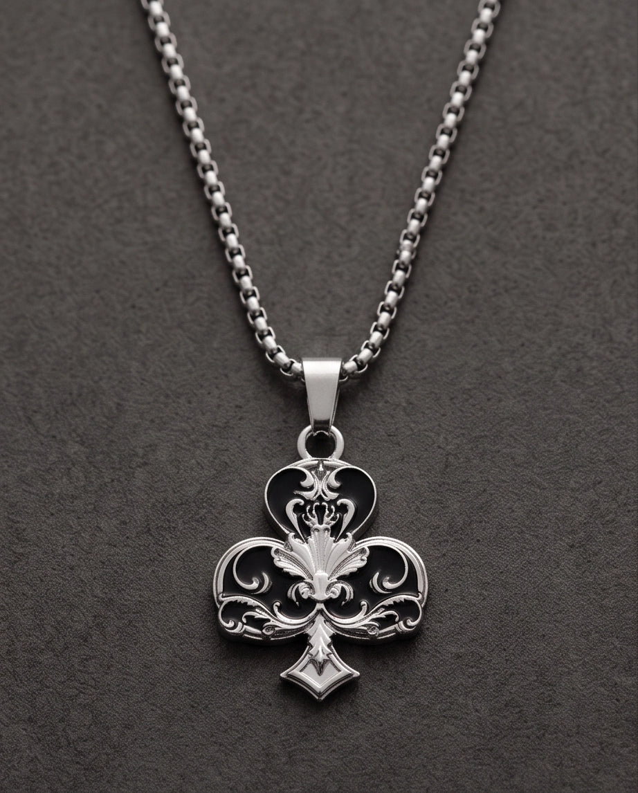 Silver Filigree Ace of Clubs Pendant Necklace