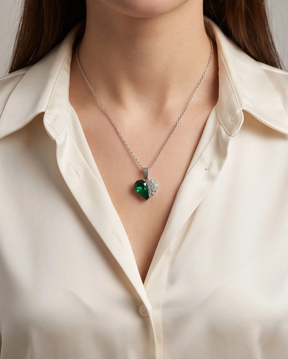 Silver Emerald Heart Pavé Pendant Necklace
