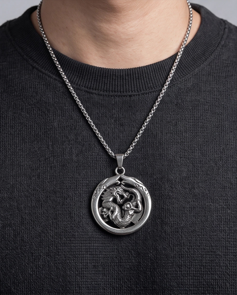 Silver Circular Dragon Medallion Pendant Necklace