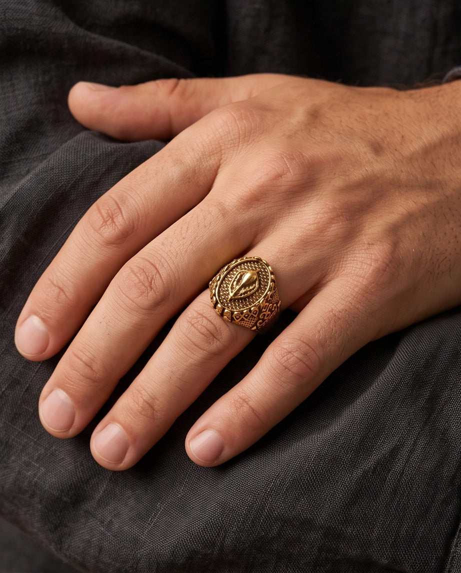 Sculptured Emblem Oval Gold Signet Ring