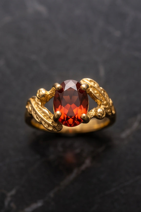 Golden Amber Garnet Botanical Leaf Ring