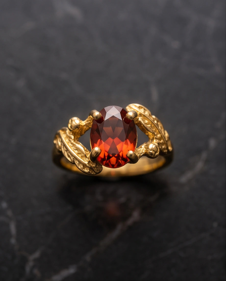 Golden Amber Garnet Botanical Leaf Ring
