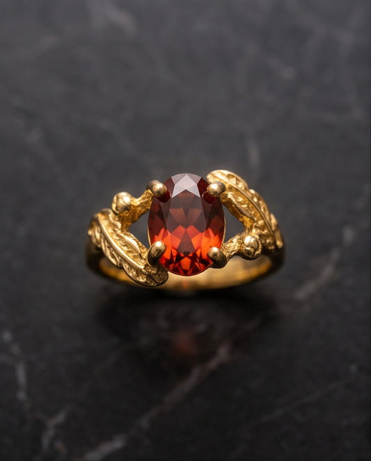 Golden Amber Garnet Botanical Leaf Ring