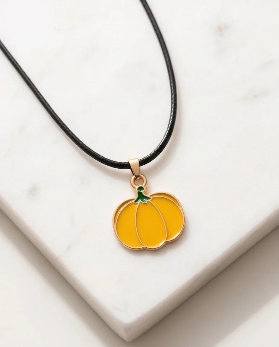 Festive Yellow Pumpkin Enamel Pendant Necklace