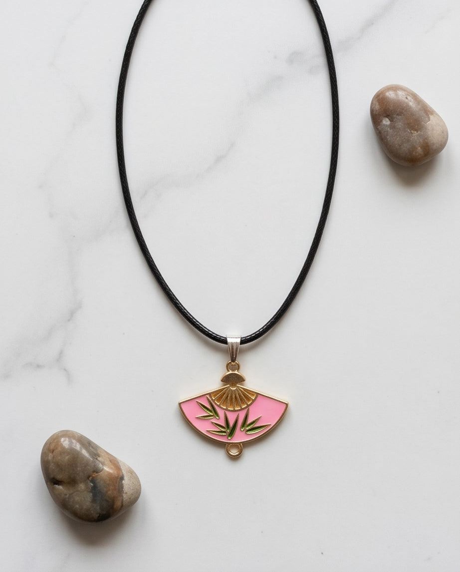 Pink Enamel Bamboo Fan Pendant Necklace
