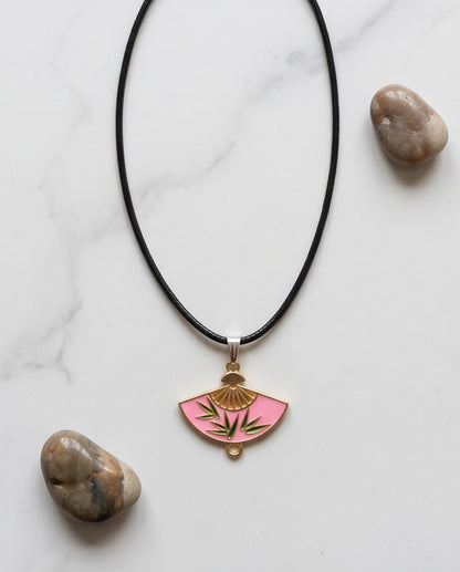 Pink Enamel Bamboo Fan Pendant Necklace
