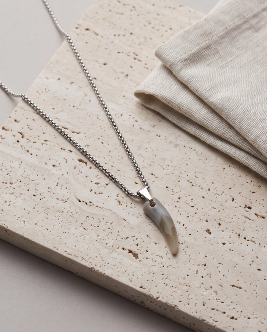 Silver Agate Tooth Pendant Chain Necklace
