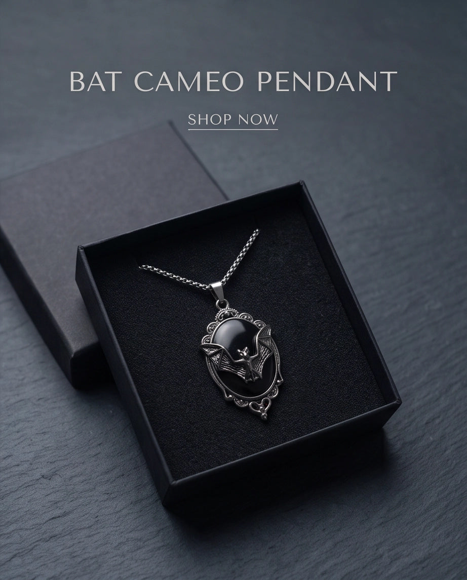 Antique Silver Gothic Bat Black Enamel Medallion Chain Necklace