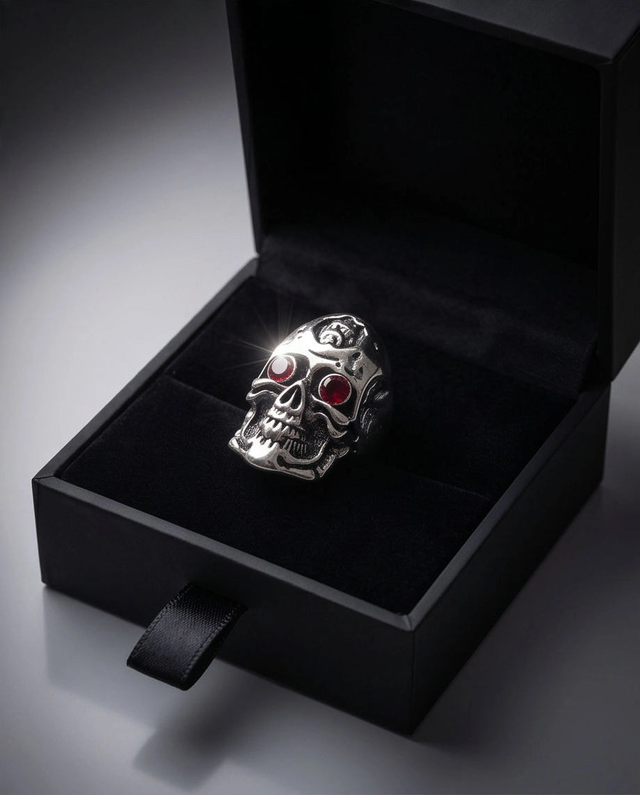 Crimson-Eyed Sculpted Skull Crest Ring