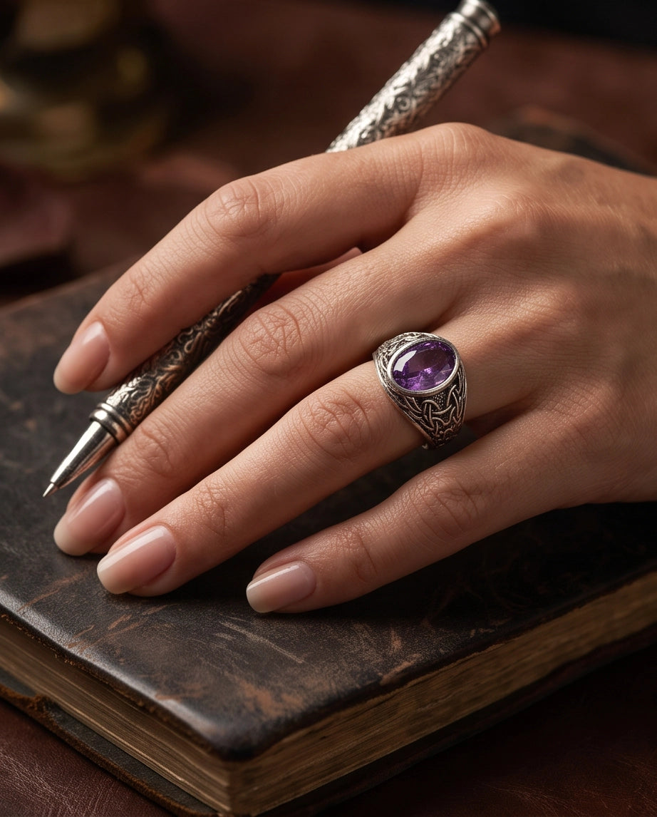 Amethyst Gemstone Celtic Knotwork Silver Ring