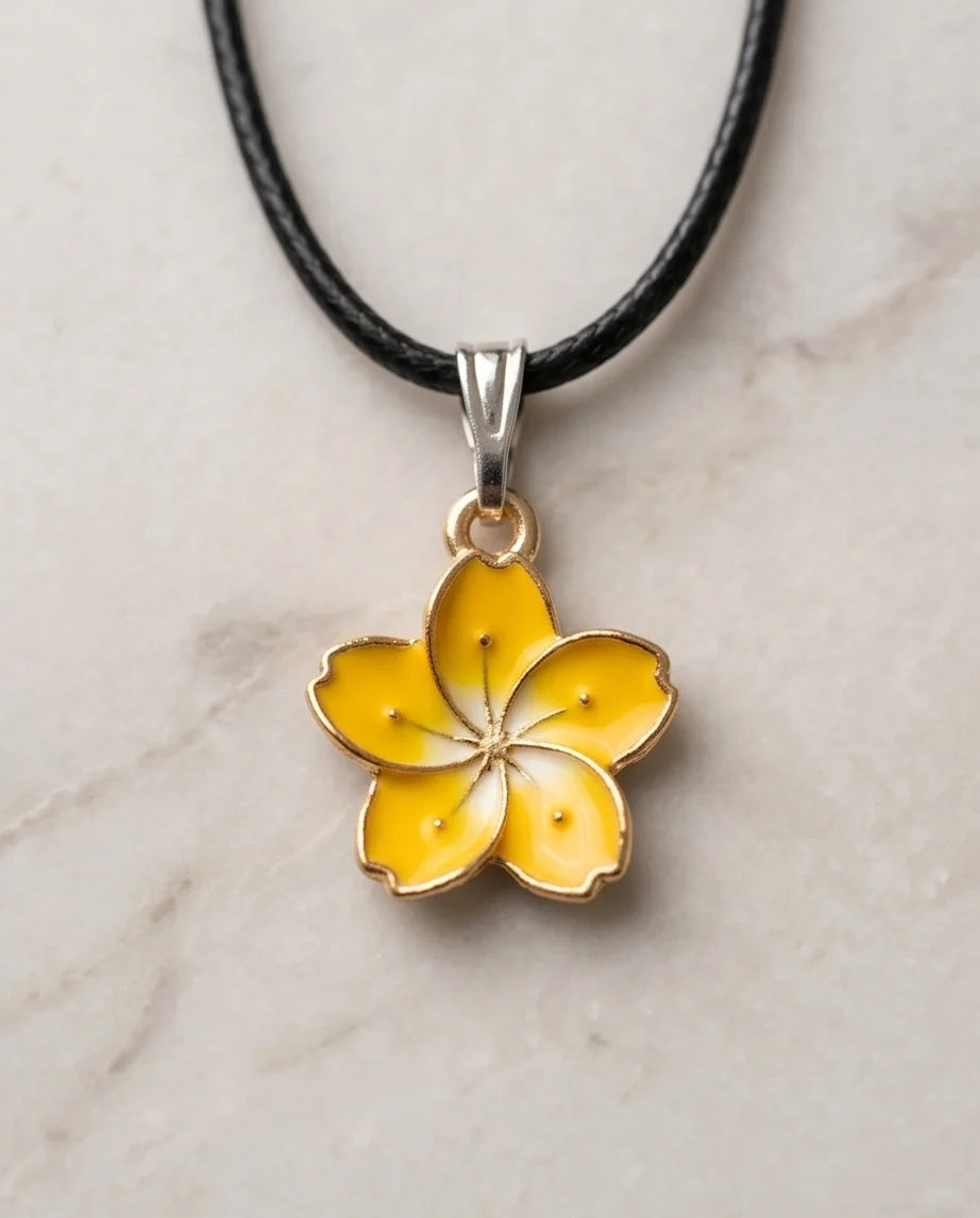 Mellow Yellow Cherry Blossom Enamel Pendant Necklace