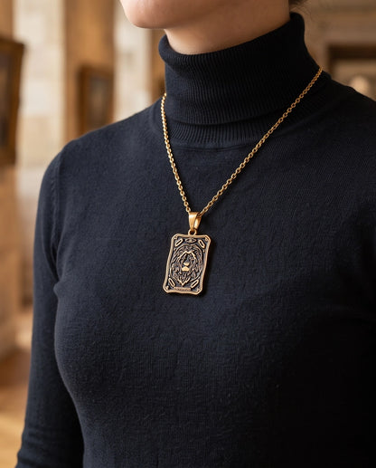 Gold "Strength" Lion Tarot Card Pendant Necklace