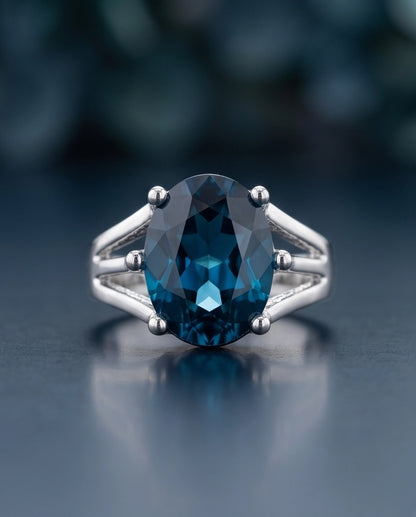 Silver Oval Sapphire Gemstone Solitaire Ring