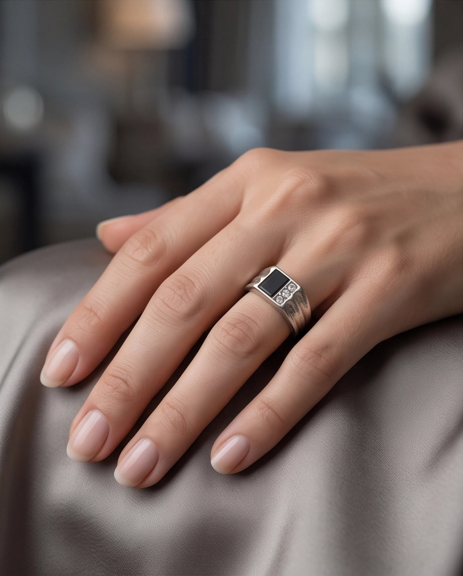 Dual-Panel Onyx & Triple-Crystal Fluted Shoulder Silver Ring