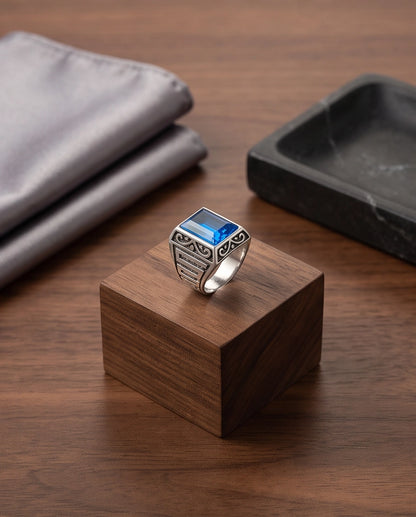 Sapphire Gemstone Rectangular Filigree Bezel Silver Ring