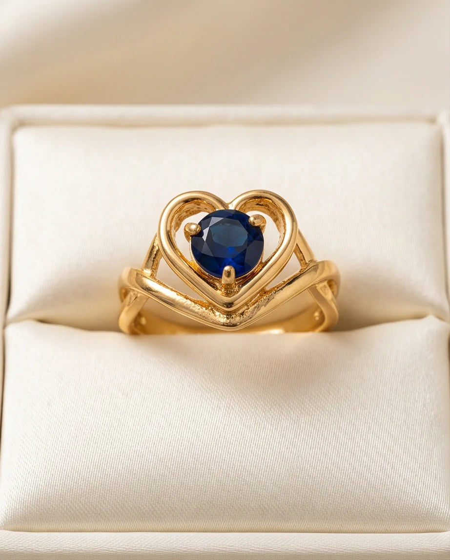 Gold Sapphire Heart-Shaped Openwork Ring