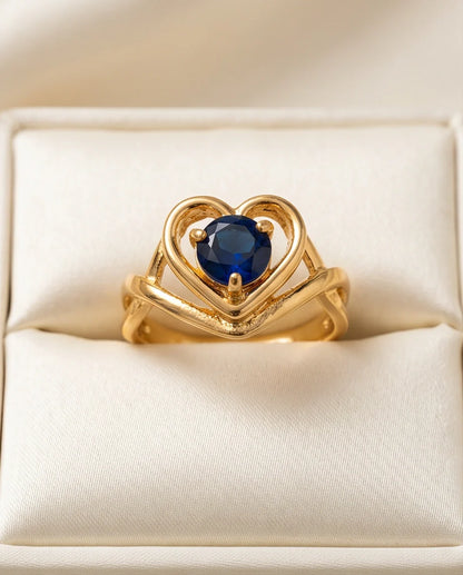 Gold Sapphire Heart-Shaped Openwork Ring