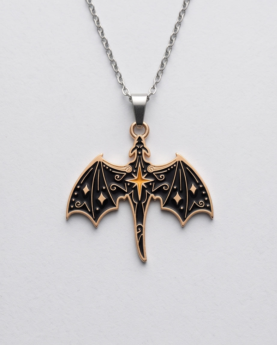 Gold Celestial Bat Enamel Pendant Necklace