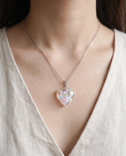 Silver Iridescent Confetti Clear Heart Resin Pendant Necklace