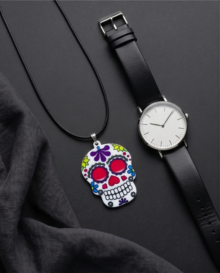 Vibrant Sugar Skull Día de los Muertos Pendant Necklace