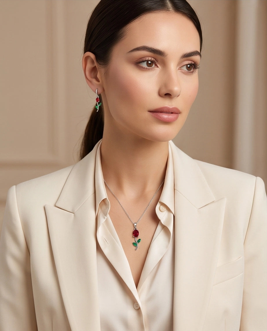 Silver Crystal Rose Necklace Set
