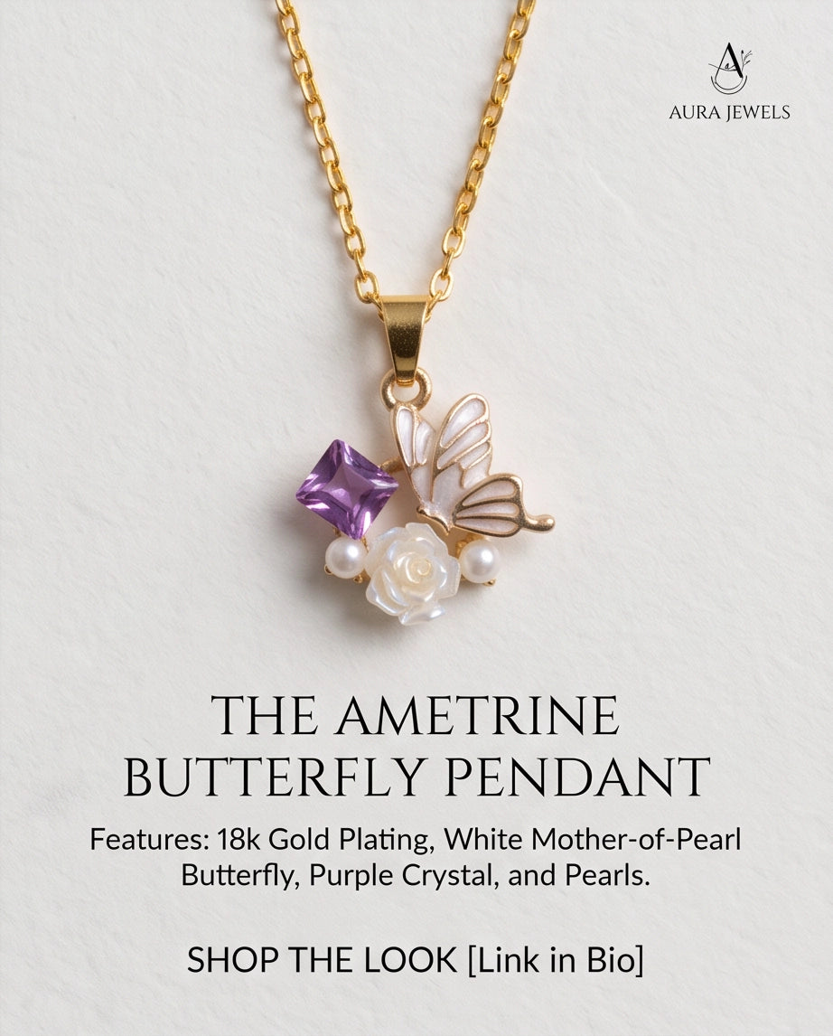 Gold Purple Enamel Butterfly & Pearl Rose Cluster Pendant Necklace