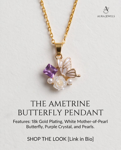Gold Purple Enamel Butterfly & Pearl Rose Cluster Pendant Necklace