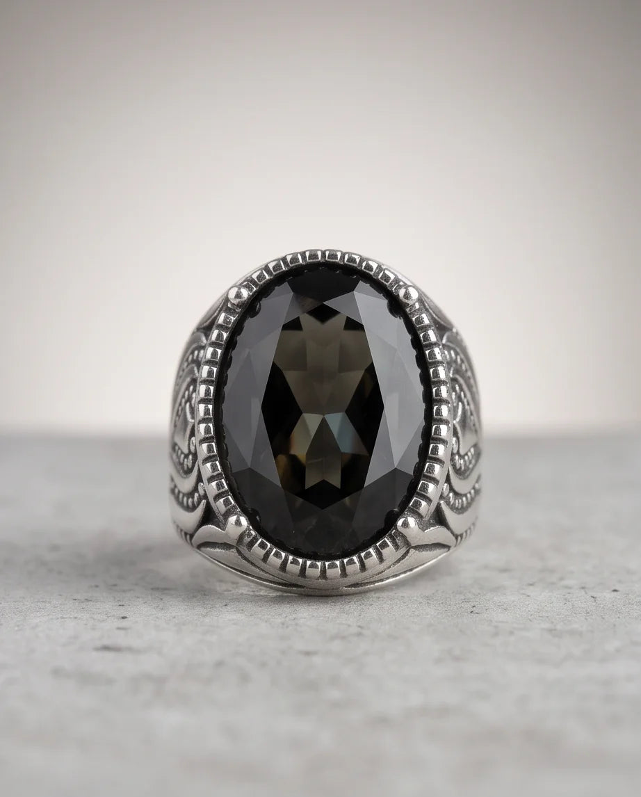 Obsidian Gemstone Beaded Frame Flame Silver Ring