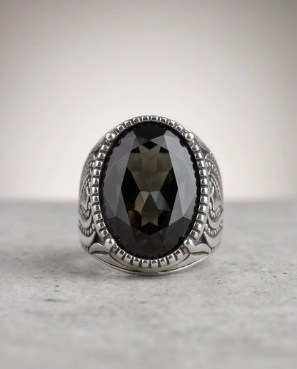 Obsidian Gemstone Beaded Frame Flame Silver Ring